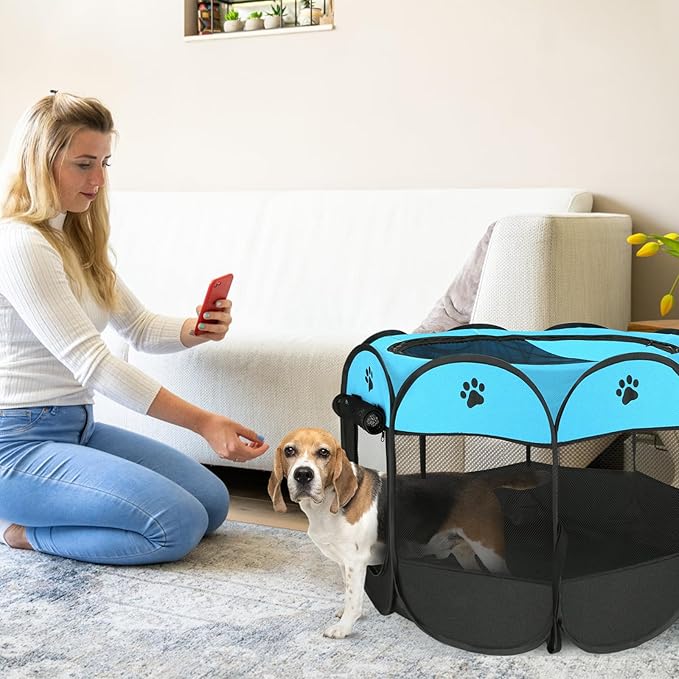 Pet Cat Playpen for Indoor Cats Enclosed, Portable Foldable Dog Playpen Outdoor with Zipper Top Cover Door for Dogs, Cats, Small Animals(M 35" * 35" * 24", Blue)