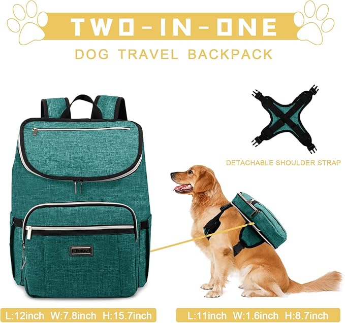BAGLHER Travel Dog Backpack - Detachable Travel Dog Food Container for Pet Supplies Dog Gear Backpack,Dog Bag for Traveling with 2 Silicone Collapsible Bowls and 2 Food Baskets Green