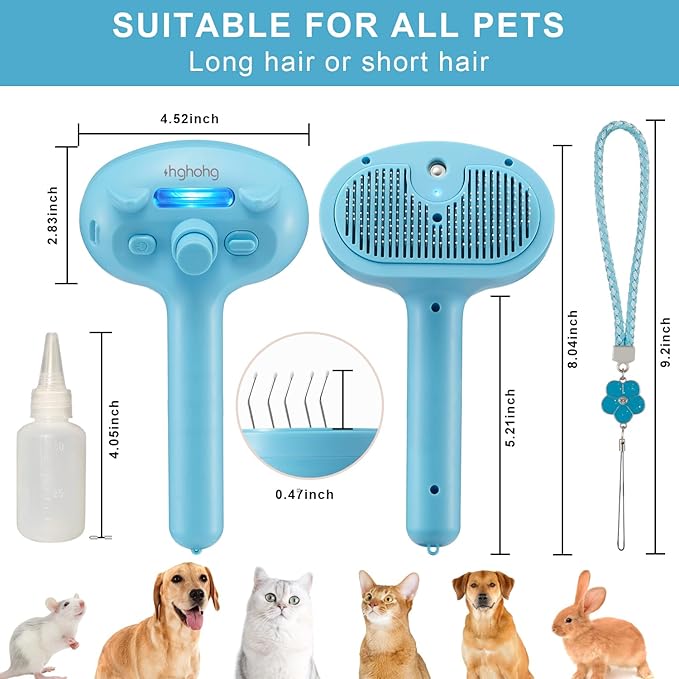 Pet Steam Hair Comb Brush for Shedding, 4 In 1 Spray Brush for Long & Short Haired Cat&Dog, Self-Cleaning Hair Remover with Water Tank And LED Blue Light, Release Button(Blue)
