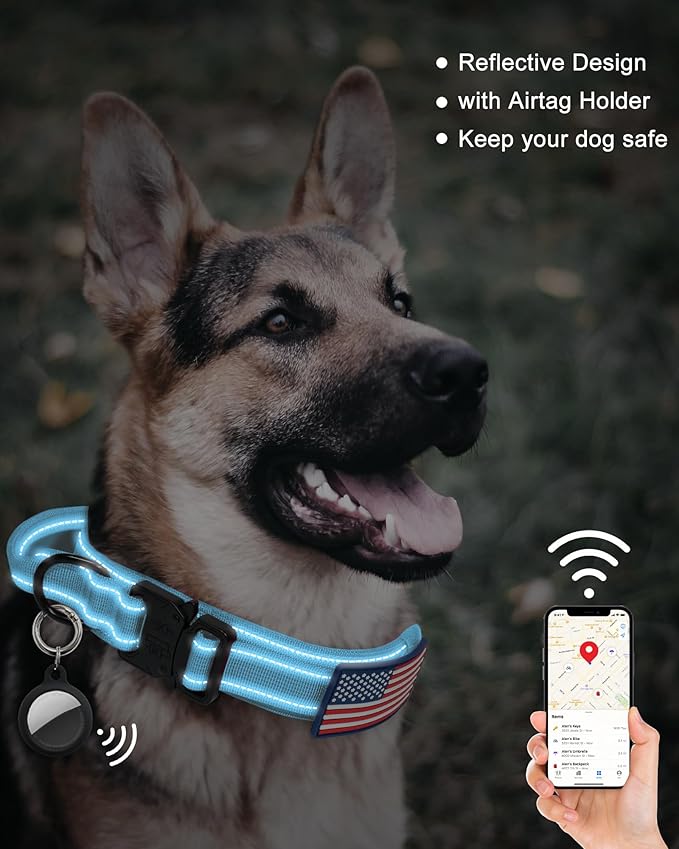 AUBELL Tactical Dog Collar and Leash Set, Adjustable Military Nylon Reflective Dog Leash and Collar with Handle and Heavy Metal Buckle for Medium Large Dogs, with Airtag Holder and 2 Patches(Blue, M)