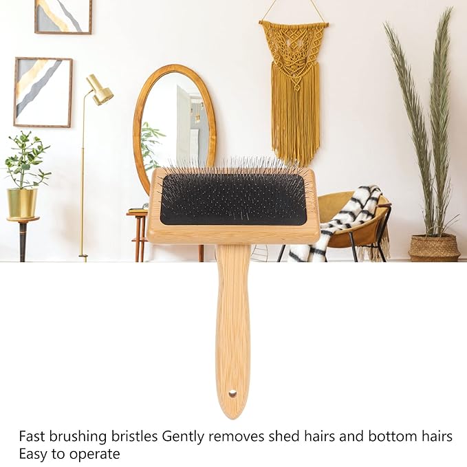 Macrame Slicker Comb with Hole Cushion Finely Polished Bamboo Cleaning Brush Sheepskin Wool Stainless Steel Pins Carding Rug Fur Brushes Long Prongs Pet (13.7x20.3x5.2cm