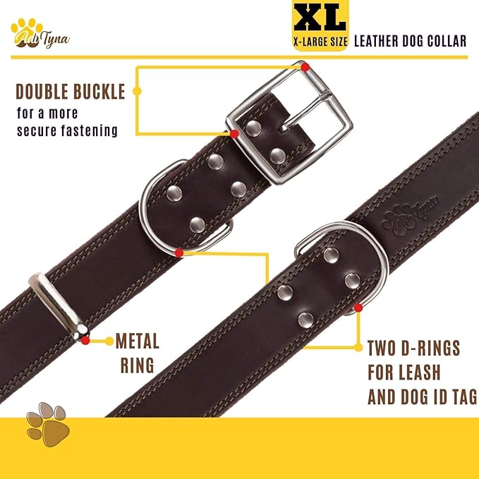 ADITYNA Heavy Duty Leather Dog Collar for Extra-Large Dogs - Soft and Strong Leather Dog Collar for XL Dog Breeds (Extra-Large: Fit 22" - 30" Neck, Brown)