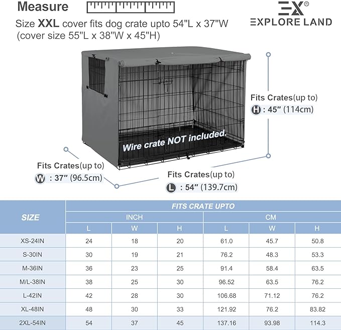 Explore Land 54 inches Dog Crate Cover Heavy Duty Polyester Pet Kennel Sunshade Universal Fit for Wire Cage (Grey)