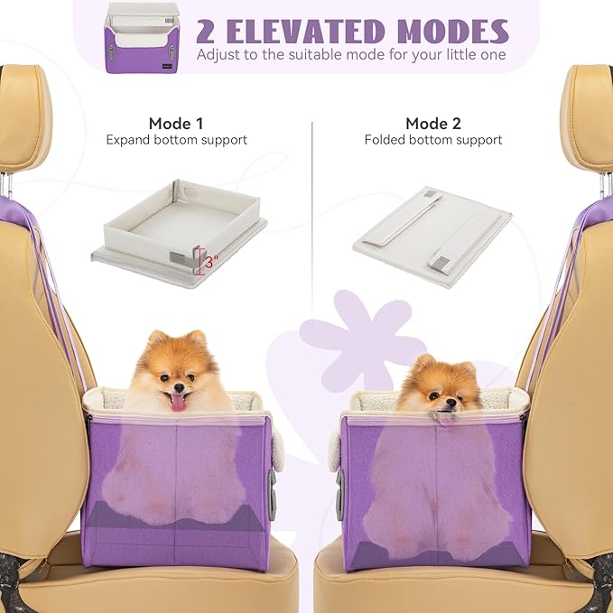 PETSFIT Small Dog Car Seat, Puppy Portable Dog Booster seat for Car with Clip-On Leash, Adjustable Straps Suitable for Small Pets Up to 25lbs (Purple)