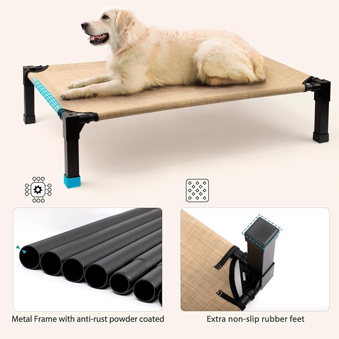 Cooling Elevated Dog Bed, Raised Dog Bed with Washable Breathable Mesh and Metal Frame, Portable Dog Cot Bed with No-Slip Feet for Outdoor and Indoor Use