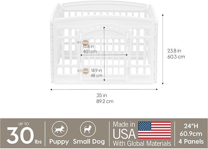 IRIS USA 24" 4-Panel Dog Playpen with Door, 35 x 35 x 24, Puppy Playpen, Dog Play Pen Indoors, Pet Fence, Small Pets, White