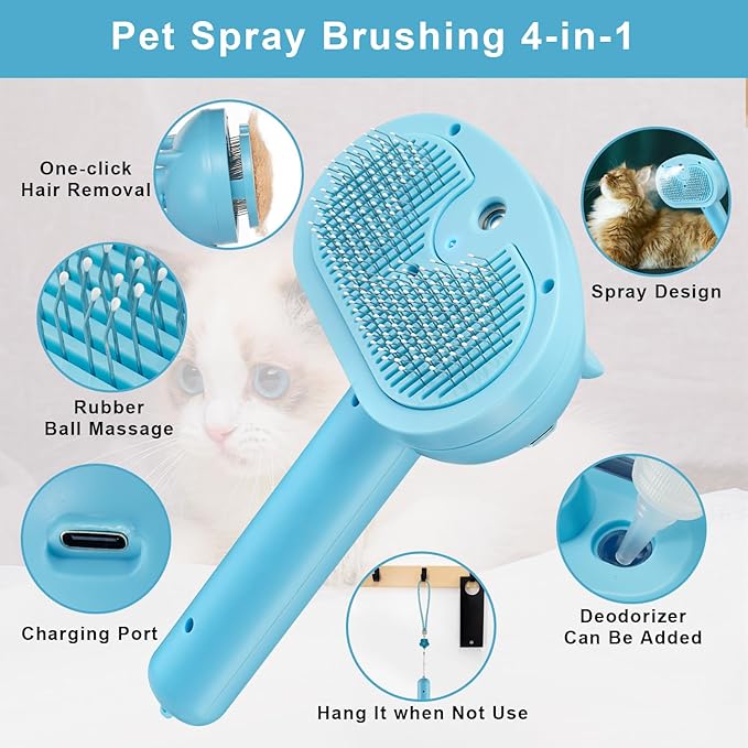Pet Steam Hair Comb Brush for Shedding, 4 In 1 Spray Brush for Long & Short Haired Cat&Dog, Self-Cleaning Hair Remover with Water Tank And LED Blue Light, Release Button(Blue)