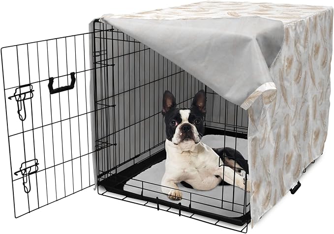 Lunarable Cream Dog Crate Cover, Fluffy Soft Flying Bird Feathers Hand Drawn Style Tender Nature Plumage Pattern, Easy to Use Pet Kennel Cover for Small Dogs Puppies Kittens, 22 Inch, Pale Tan White