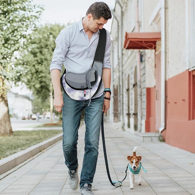 Cosmos Pet Dog Sling Carrier Breathable Mesh Pet Sling Bag Travel Pet Safe Carrier Hand Free Puppy Satchel with Padded Strap and Safety Rope for Small Dogs Cats Puppies to Outdoor Travel (Grey Blue)