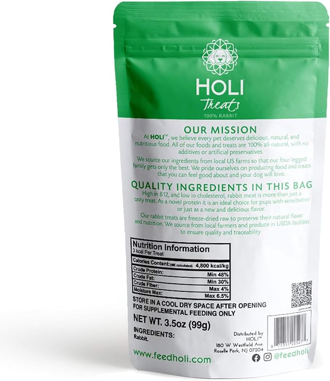 HOLI Freeze Dried Rabbit Treats for Dogs- All Natural Healthy Dog Treats, 100% Made in USA - Single Ingredient - Human Grade - Grain Free - Diabetic Friendly - 1.75oz