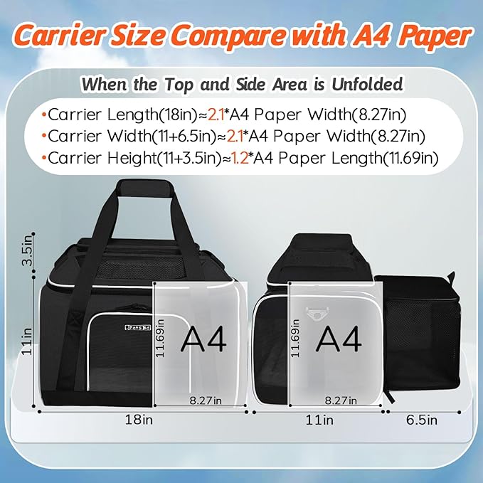 Petskd Top and Side Expandable Pet Carrier 18x11x11 Inches Delta United Airline Approved, Soft-Sided Carrier for Small Cats and Dogs with Locking Safety Zippers and Anti-Scratch Mesh(Black)