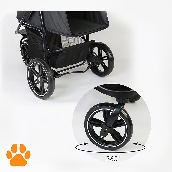 COOPER dog & pet robust buggy, jogger holds up to 32 kg / 70lbs, easy fold, multi-height adjustable soft touch handle, reflective accents, mesh inserts, zippered exits, storage basket below