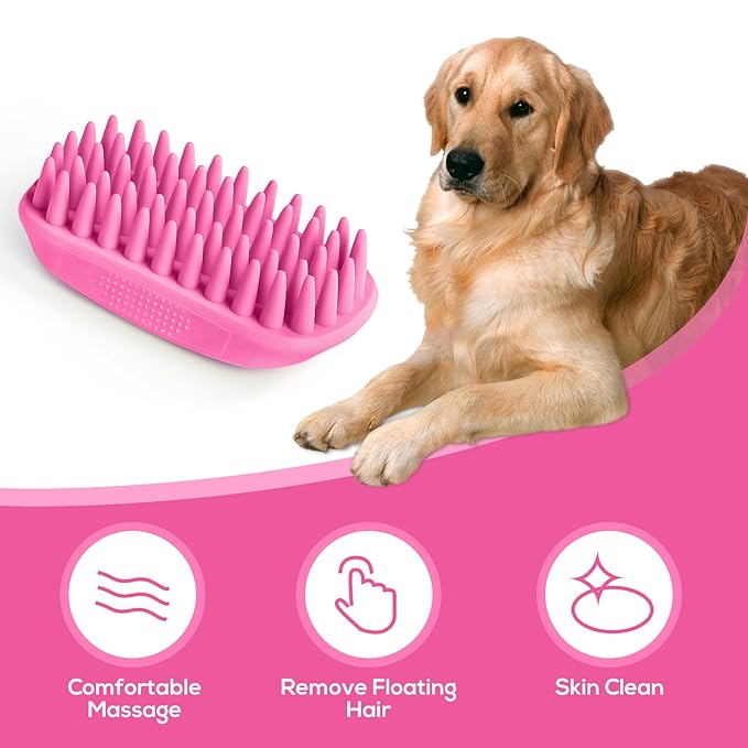 Dog Bath Brush, Dog Bath Supplies Silicone Shampoo Brush Long & Short Haired Dogs Cats, Scrubber Washing Grooming Pet Brush, Soft Massage Shedding Brush Bathing Shower Small Large Pets (Pink)