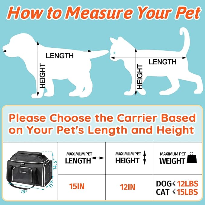 Petskd Top-Expandable Pet Carrier 18x11x11 Inches Delta American United Airline Approved, Soft-Sided Carrier for Small Cats and Dogs with Locking Safety Zippers and Anti-Scratch Mesh(Black)
