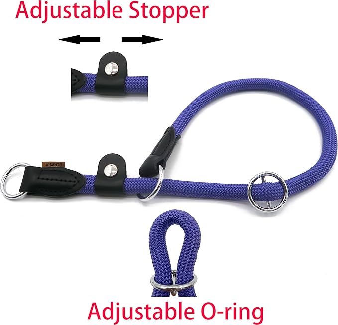 Braided Rope Collar, Training Dog Collar, Round Martingale Collar, Slip Collar with Adjustable Stopper and Slidable Stop Ring - Ideal for Large Dogs (L(1/2") - 20" Long, Purple)