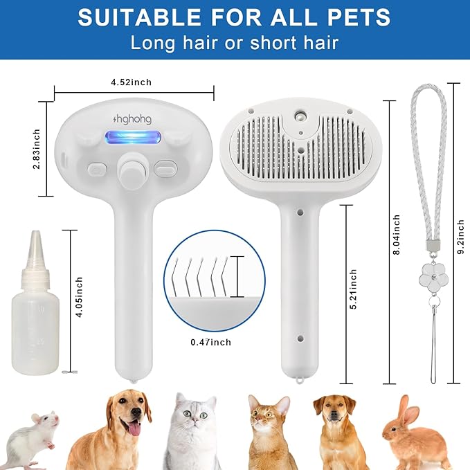 Pet Steam Hair Comb Brush for Shedding, 4 In 1 Spray Brush for Long & Short Haired Cat&Dog, Self-Cleaning Hair Remover with Water Tank And LED Blue Light, Release Button (White)