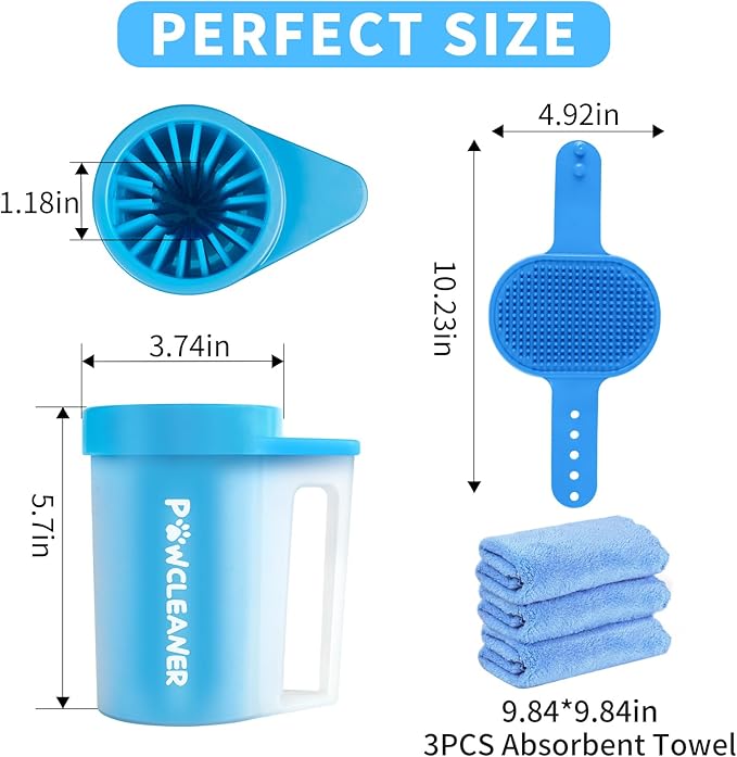 Dog Paw Cleaner for Dogs, (with 3Pcs Absorbent Towels & Adjustable Dog Bath Brush) Dog Paw Washer,Buddy Muddy Pet Foot Cleaner (Blue, Medium)