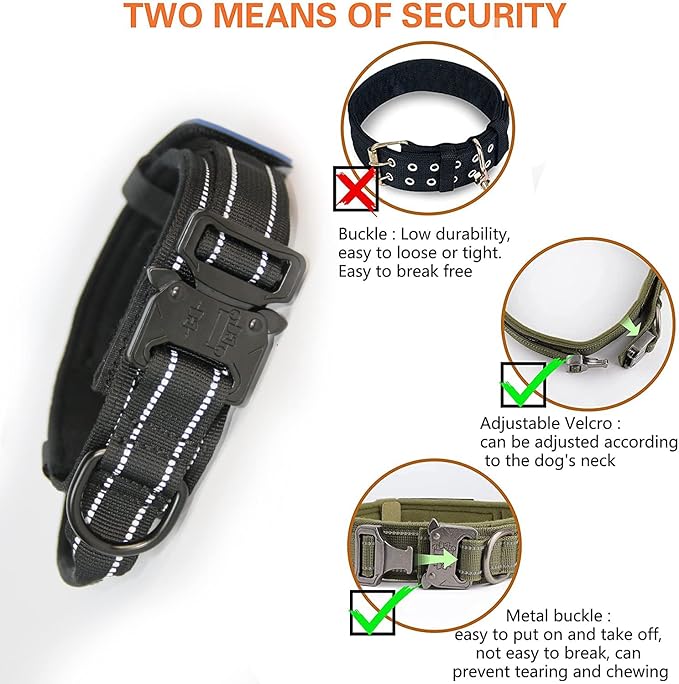 KCUCOP Tactical Dog Collar, Heavy Duty Dog Collar with Handle and Metal Buckle, Military Thick Dog Collars for Medium and Large Dogs(Black-L-Reflective, 1 Patch)