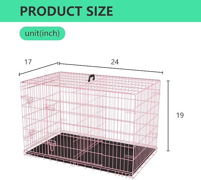 FDW 24 inch Dog Crate Dog Kennel Cage with Double Door Folding Metal Wire Dog Cage with Removable Tray&Divider Panel,Pet Crate for Small Dogs,Pink