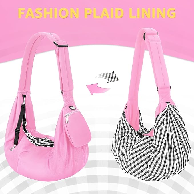 Lukovee Pet Sling, Hand Free Dog Sling Carrier Adjustable Padded Strap Tote Bag, Shoulder Bag with Safety Belt & Front Pocket for Small Dog Cat Puppy (Pink-WY,S)