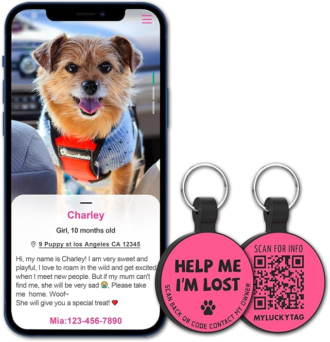MYLUCKYTAG Silent Silicone QR Code Pet ID Tags Dog Tags - Pet Online Profile - Scan QR Receive Instant Pet Location Alert Email