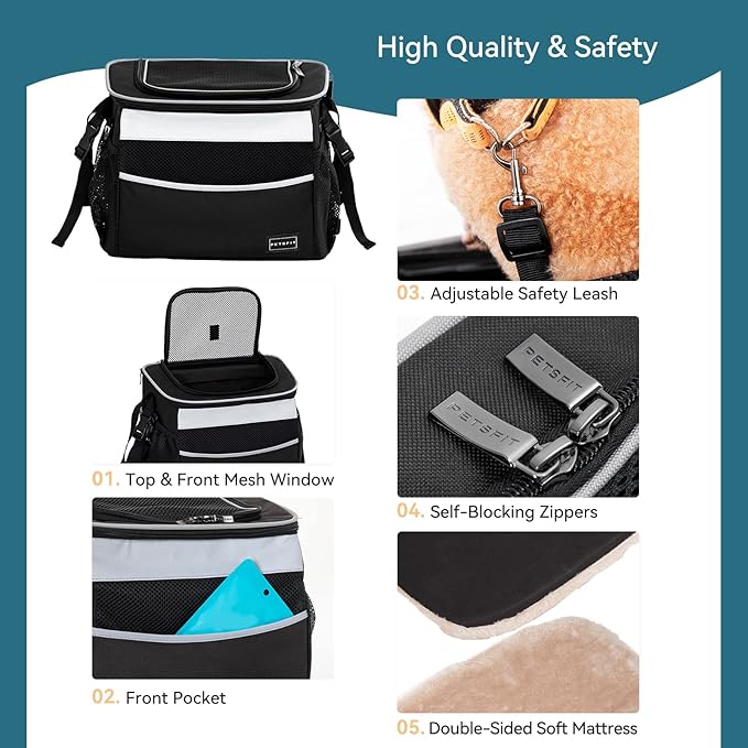 Petsfit Dog Bike Basket, Small Dog Car Seat with Front Pocket, Puppy Car Seat for Small Dogs and Pets (Black)