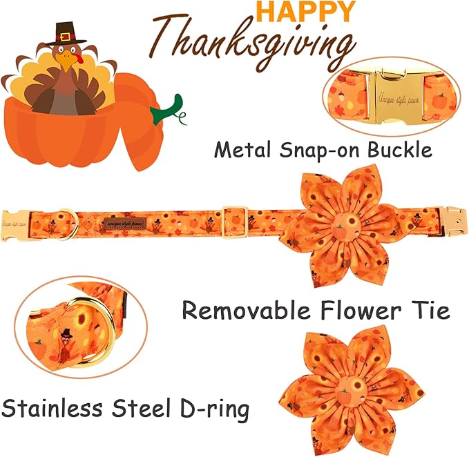 Unique style paws Halloween& Dog Collar with Flower Tie Pumpkin Cotton Collar Adjustable Puppy Collar Best Thanksgiving Gift for Small Medium Large Dogs-Turkey & Pumpkin Theme-XS