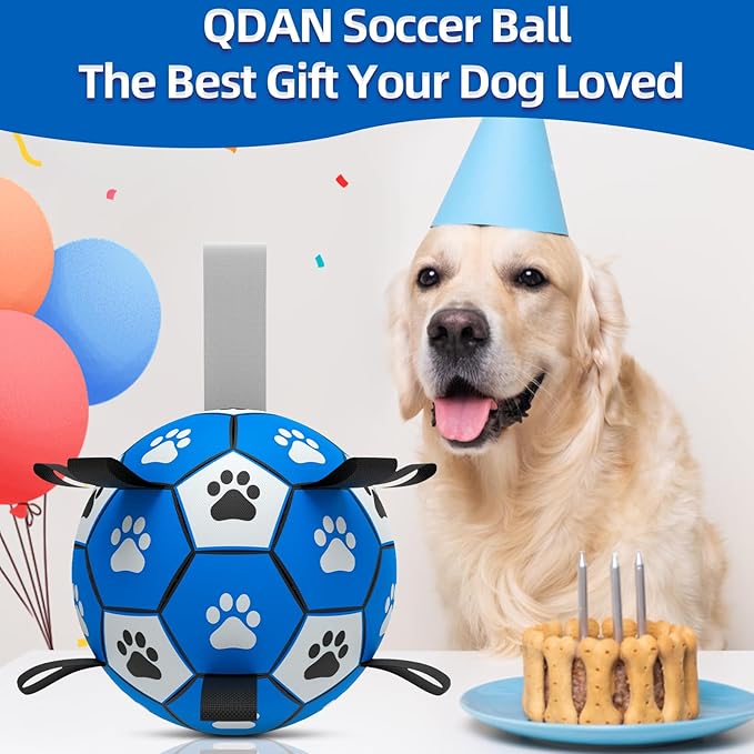 QDAN Dog Ropes Toys Soccer Ball with Straps, Interactive Dog Toys for Tug of War, Puppy Birthday Gifts, Dog Tug Toy, Dog Water Toy, Durable Dog Balls for Small & Medium Dogs-Blue&Grey(6 Inch)