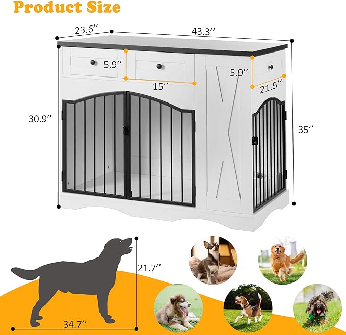 Ball & Cast 43.3" 2-in-1 Dog Crate Furniture,Modern Indoor Kennel with 2 Drawers&Storage Shelves,Double Doors&Double Locks Design for 41-70 lbs Dogs,Living Room,Kitchen,Entryway Side Table,White