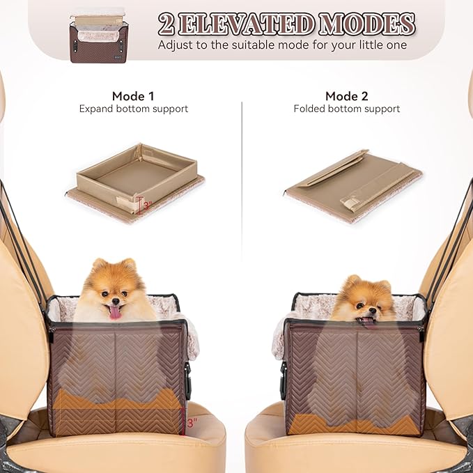 PETSFIT Car Seat for Dogs, Waterproof PU Leather Dog Car Seat for Small Dogs with Patented Safe Buckles, Clip-On Leash, Pet Travel Carrier Bed for Small Pets Up to 25lbs (Brown)