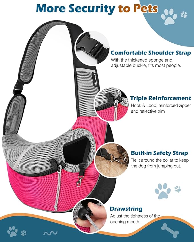 Pawaboo Dog Sling Carrier, Dog Papoose with Zipper Touch Pocket, Hand Free Breathable Mesh Puppy Carrier, Crossbody Satchel Dog Purse with Adjustable Strap for Outdoor Travel, Pink, Small