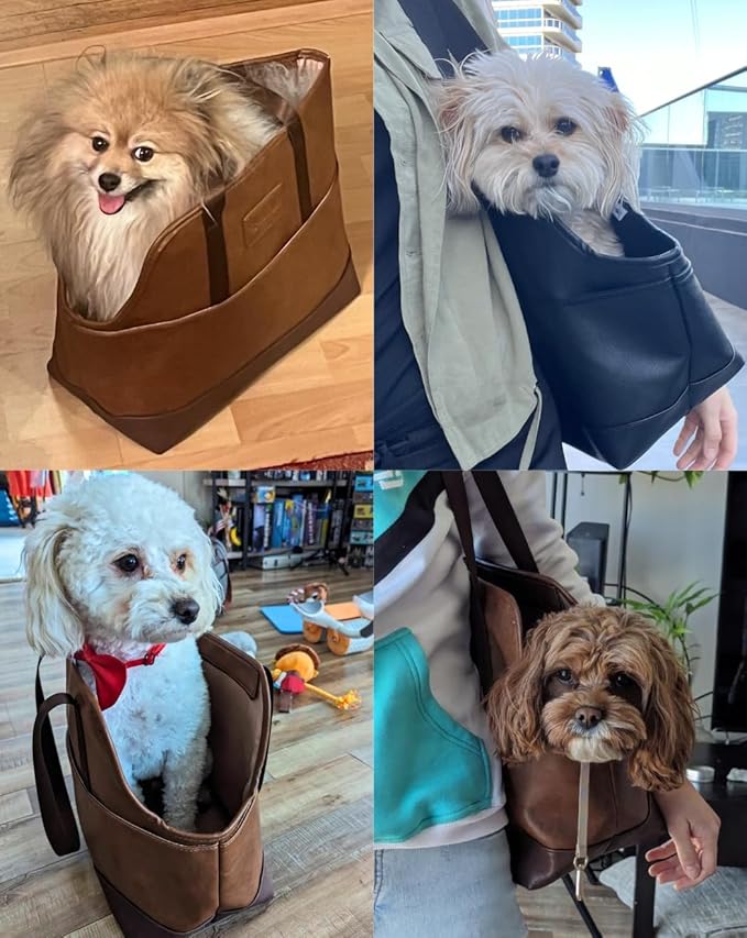 Luxury Dog Purse Carrier for Small Dogs, Faux Leather Pet Carrier Purse, Secure Harness Clip, Dog Tote Bag Carrier for Small Dogs and Puppies - Black