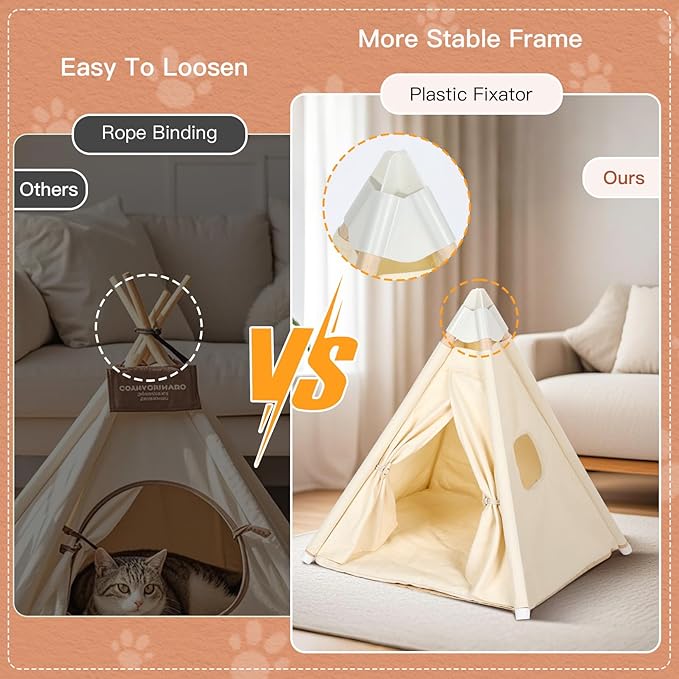 Pet Teepee Tent House for Large Cat & Small Dogs 20x20x20in, Small Dog House for Pugs, Large Cat House for Fat Cats, More Stable, Indoor, M for Pets Up to 20lbs, White