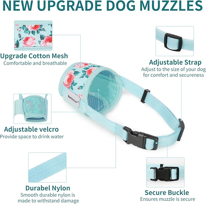 Dog Muzzle for XL Large Dogs, Soft Nylon Print Muzzle Anti Biting Barking Chewing, Air Mesh Breathable Drinkable Adjustable Pet Muzzle for Medium Large Dogs Cyan Flower XL