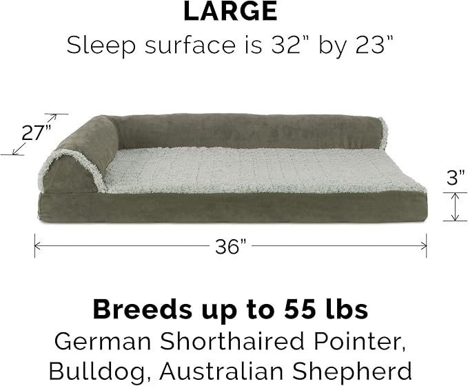 Furhaven Memory Foam Dog Bed for Large/Medium Dogs w/ Removable Bolsters & Washable Cover, For Dogs Up to 55 lbs - Two-Tone Plush Faux Fur & Suede L Shaped Chaise - Dark Sage, Large