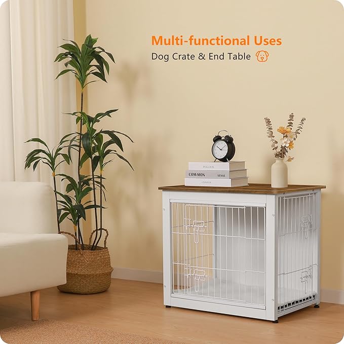 DWANTON Dog Crate Furniture with Cushion, Wooden Dog Crate with Double Doors, Dog Furniture, Dog Kennel Indoor for Small Dog,End Table, 27.2" L, White+Warm Brown