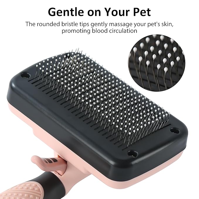 Dog & Cat Hair Brush,Self Cleaning Slicker Brush for Long Short Hair,Shedding & Grooming Pet Brush with Soft Bristle and Release Button,Pink