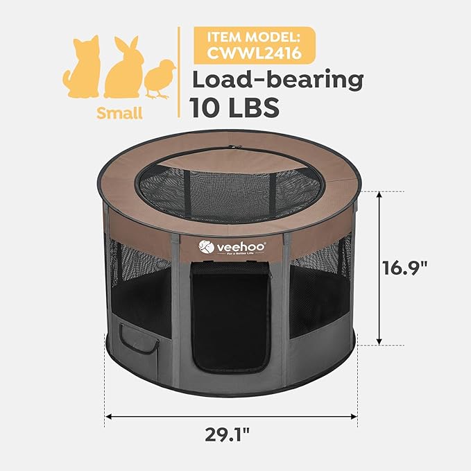 Veehoo Portable Puppy Playpen, Pet Kitten Playpen for Indoor Portable PopUp Dog Kennel Foldable Playpen Outdoor Tent Crate with Carrying Case for Kitten Puppy Small Animal,Coffee 29.1"Lx29.1"Wx16.9"Th