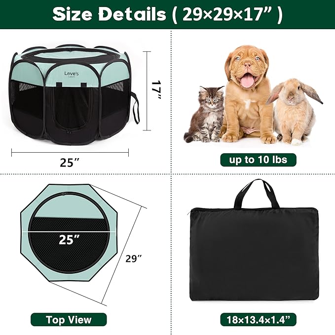 Love's Cabin Pet Puppy Playpen, Small Dog Tent Crate, Portable Foldable Dog Kennel with Carrying Case, Removable Zipper Top, Green