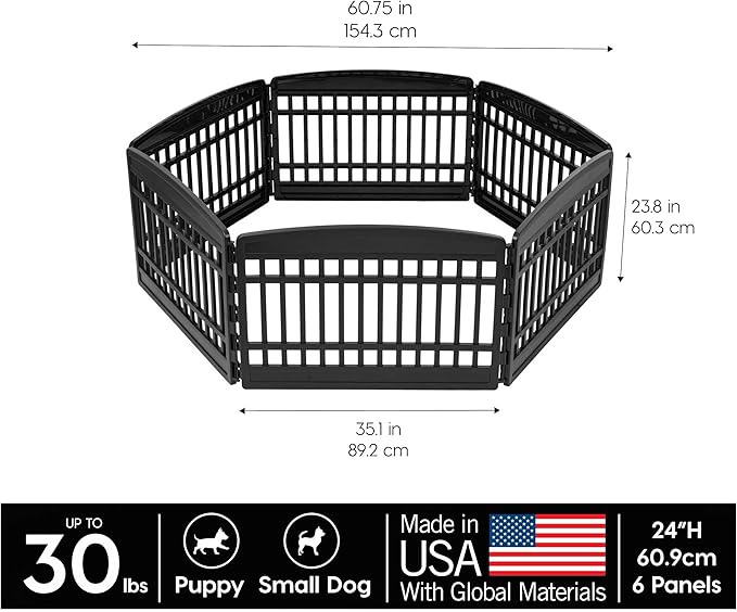 IRIS USA 24" 6-Panel Puppy Playpen, 61 x 61 x 24, Puppy Fence, Dog Playpen, Dog Play Pen Indoors, Pet Fence, Small/Medium Pets, Black