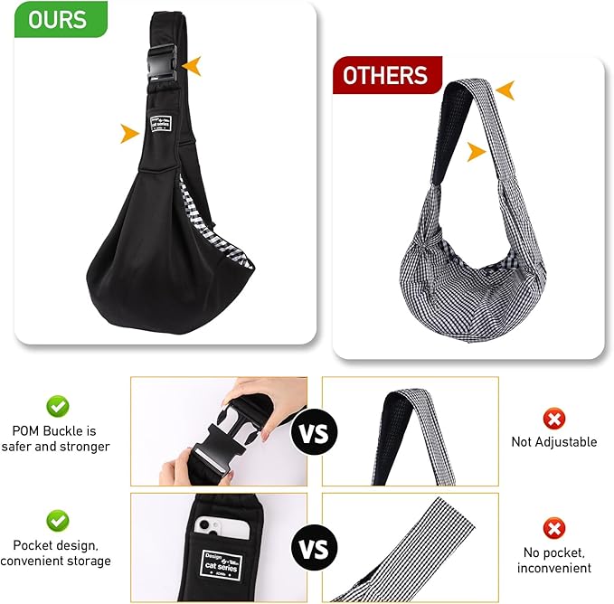 Small Dog Sling Carrier Black, Hand Free Pet Carrier, Adjustable Dog Sling for Outdoor Travel