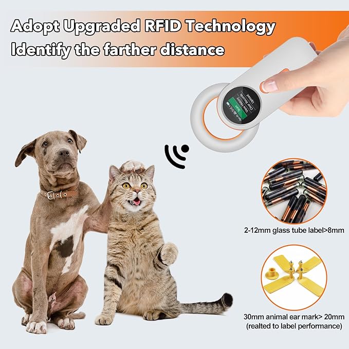 Pet Microchip Scanner Rechargeable RFID EMID Micro Chip Reader Scanner (2.4GHz Wireless+Bluetooth+USB) All in one 1.44” TFT Screen Display ISO11784 / ISO11785 / FDX-B and EMID for Animal/Pet/Dog/Cat