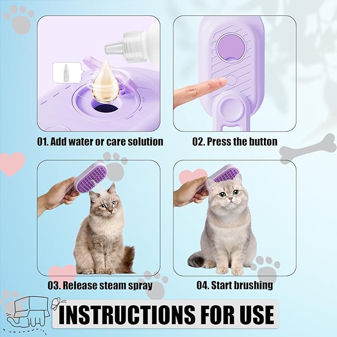 Steam Brush for Cats Dog Fur Misting Brush Rabbit Brush for Shedding Grooming with Charging Cable and Collapsible Handle ALD-002-P (Purple)