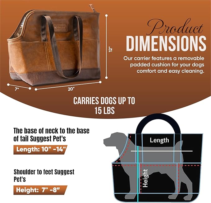 Luxury Dog Purse Carrier for Small Dogs, Faux Leather Pet Carrier Purse, Secure Harness Clip, Dog Tote Bag Carrier for Small Dogs and Puppies - Brown