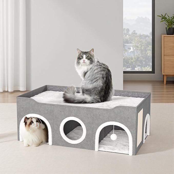 All-in-1 Extra-Wide Cat House for Indoor, Multi Cats Puppy Family, Large Cat Cave for Pet House with Fluffy Ball Hanging and Scratch Pad, Foldable Dog Hideaway, 35.4x19.6x13.3 inches, Grey