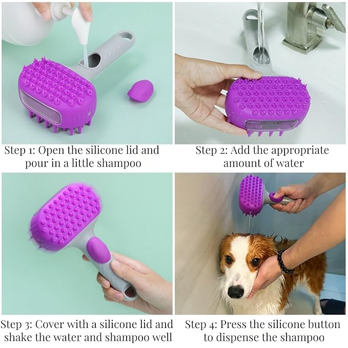QMEAKMONY Dog Bath Brush Shampoo Brush Scrubber for Bath with Soap Dispenser Soft Bristles Deep Cleaning Ergonomic Handle for Grooming Shedding and Long Short Haired Dogs (Purple)