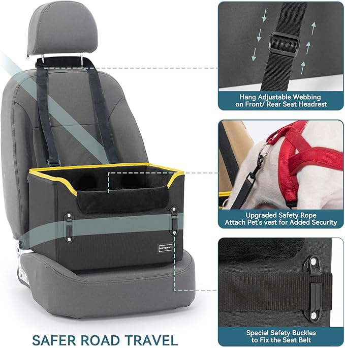 PETSFIT Small Dog Car Seat, Portable Car Saet for Dogs with Patent Safe Buckles, Clip-On Leash, Suitable for Small Pets Up to 25lbs (Black)