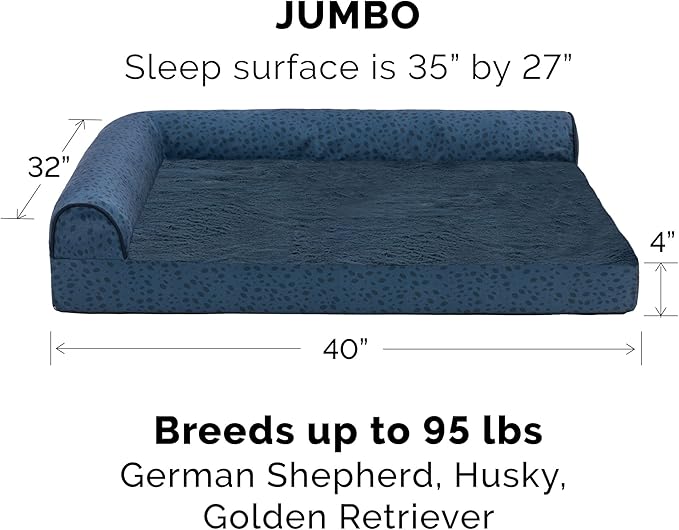 Furhaven Memory Foam Dog Bed for Large Dogs w/ Removable Bolsters & Washable Cover, For Dogs Up to 95 lbs - Plush & Almond Print L Shaped Chaise - Blue Almonds, Jumbo/XL