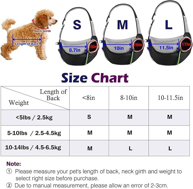 Pawaboo Pet Dog Sling Carrier, Hand Free Drawstring Dog Papoose with Adjustable Strap, Breathable Mesh Bag for Puppy Cat, Crossbody Satchel Dog Purse with Pocket for Outdoor Travel, Black, Medium