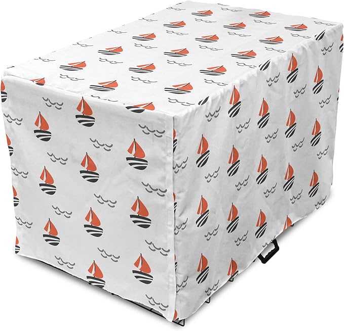 Lunarable Sail Boat Dog Crate Cover, Abstract Boat Waves Cartoon Drawing Style Geometric Pattern, Easy to Use Pet Kennel Cover for Cats & Medium Dogs, 30 Inch, Salmon Black Grey